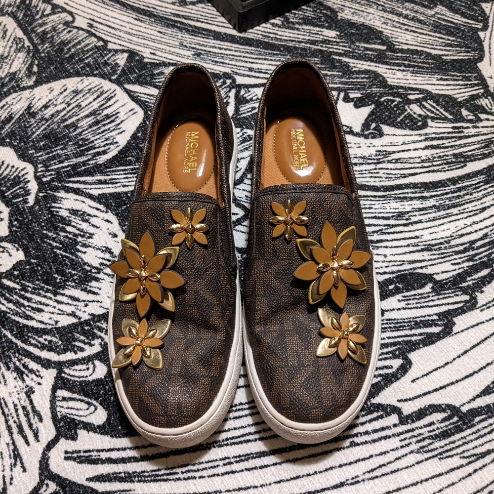 Michael Kors Brown Slip-On Sneakers with Gold Floral Accents